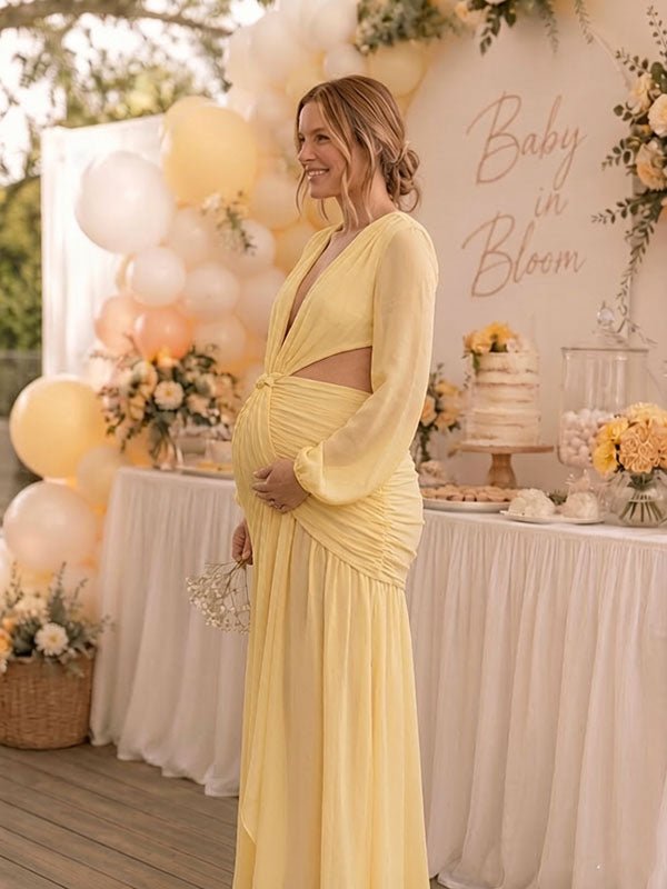 Momyknows Side Draped Backless Lace-Up Ruched Midriff Baby Shower Maternity Maxi Dress - Yellow - 3