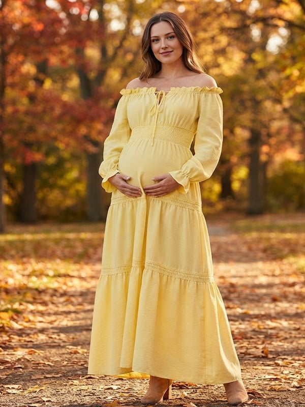 Yellow Smocked Maternity Maxi Dress with Off Shoulder Neckline and Lace Up Detail, Photoshoot Occasion