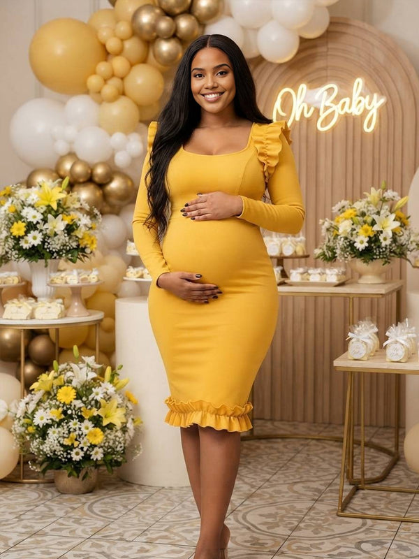 Yellow Plus-Size Maternity Midi Dress with Ruffled Paneling and Flattering Fit, Baby Shower