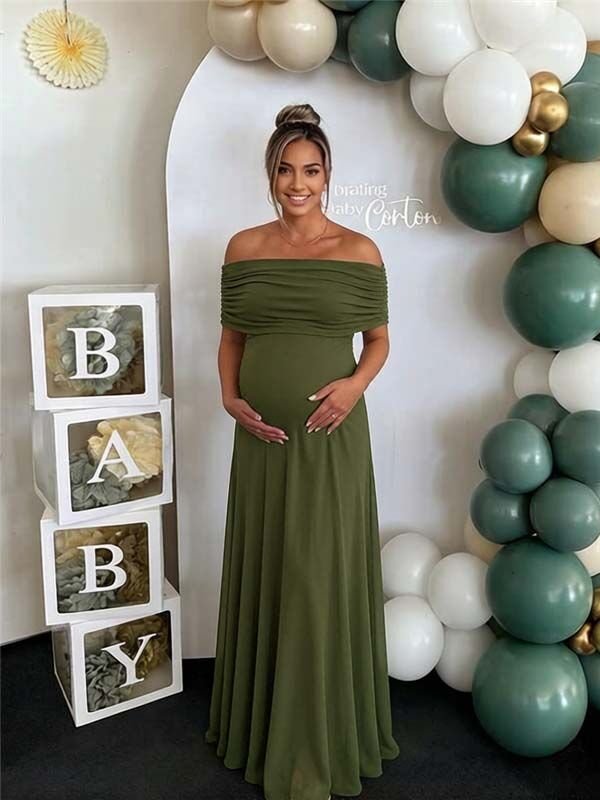 Momyknows Chic Mesh Off Shoulder Draped Cocktail Maternity Maxi Dress, Brown / 2XL
