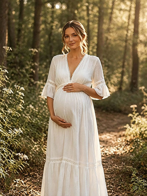 Momyknows Elegant White Flowy Lace Photoshoot Maternity Maxi Dress