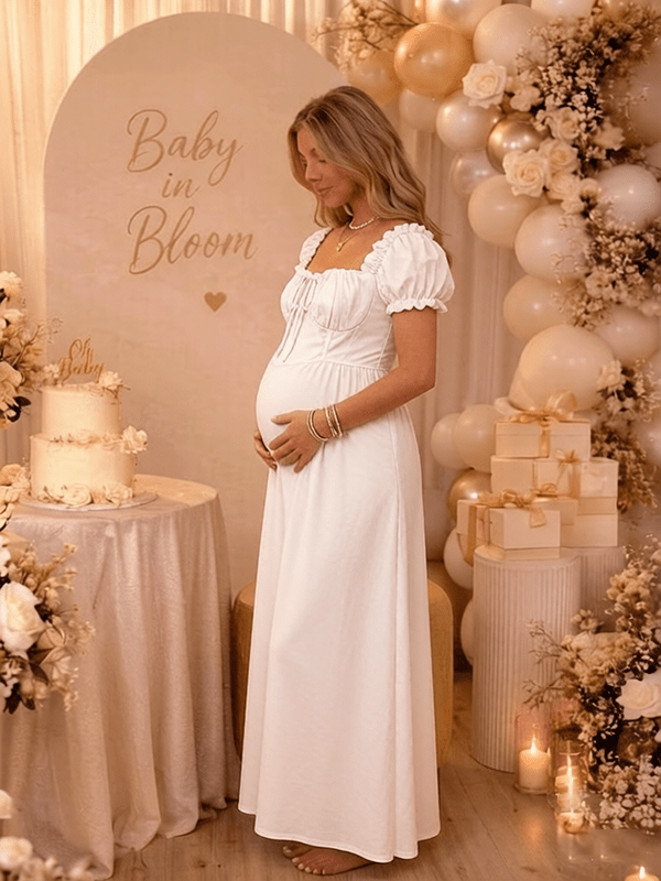 Momyknows White Ruffle Ruched Lace-Up Summer Beach Photoshoot Maternity Baby Shower Maxi Dress - White - 4