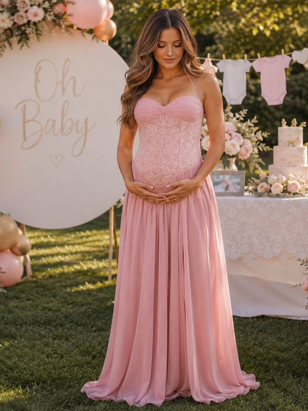 Pink Lace Maternity Maxi Dress with Halter Neck and Big Swing Silhouette, Baby Shower Occasion