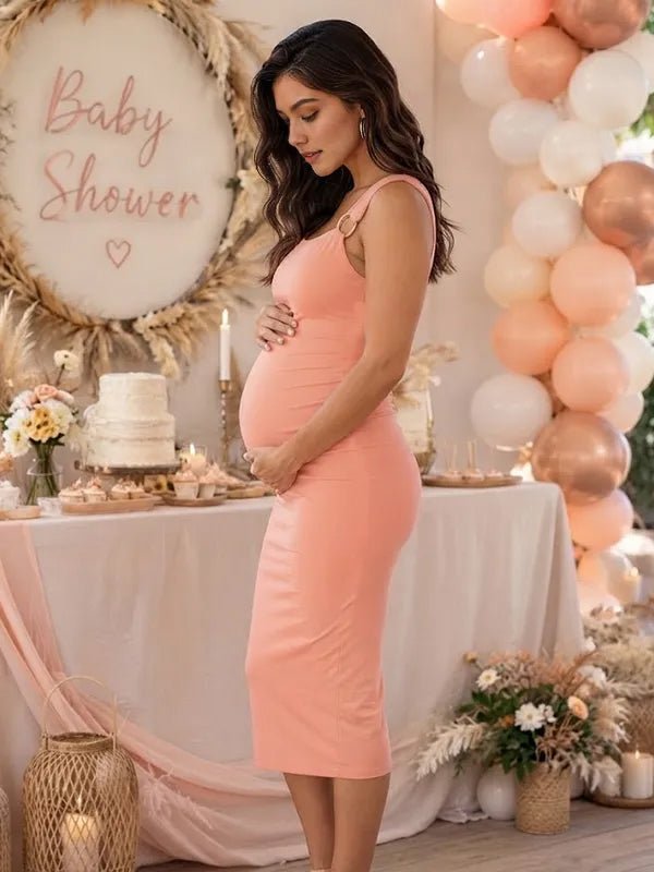 Momyknows Bodycon Ruched Spliced High Waisted Maternity Baby Shower Midi Dress - Pink - 2