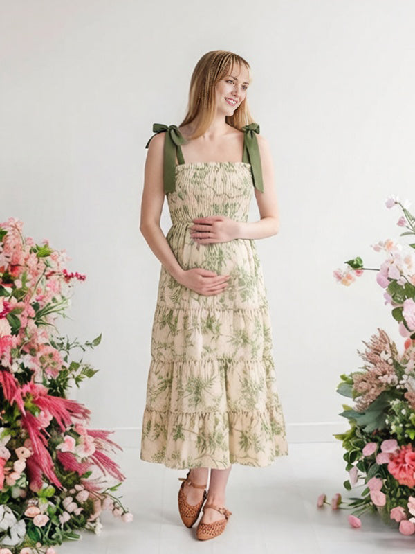 Momyknows Chic Green Leaves A-Line Shirrin Condole Belt Bow Photoshoot Maternity Maxi Dress