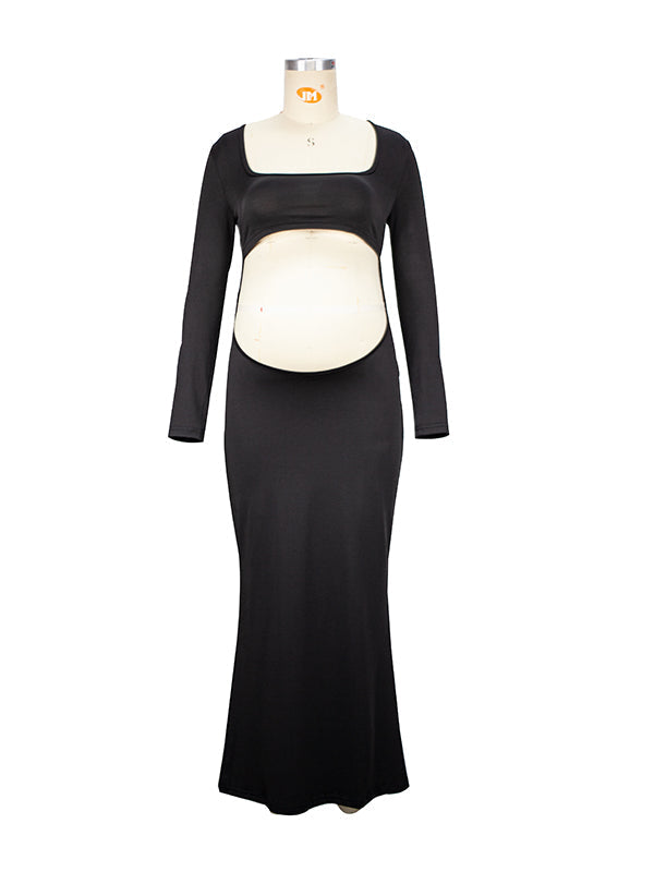black white maternity dress Momyknows Cut Out Bandeau Trumpet Crop Long Sleeve Bodycon Photoshoot Maternity Maxi Dress Black / L