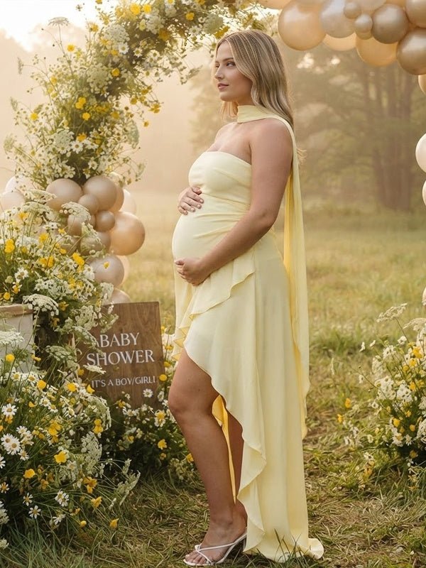 Momyknows Print Ruffle Ribbon Side Slit Bodycon Maternity Baby Shower Maxi Dress - Yellow - 3