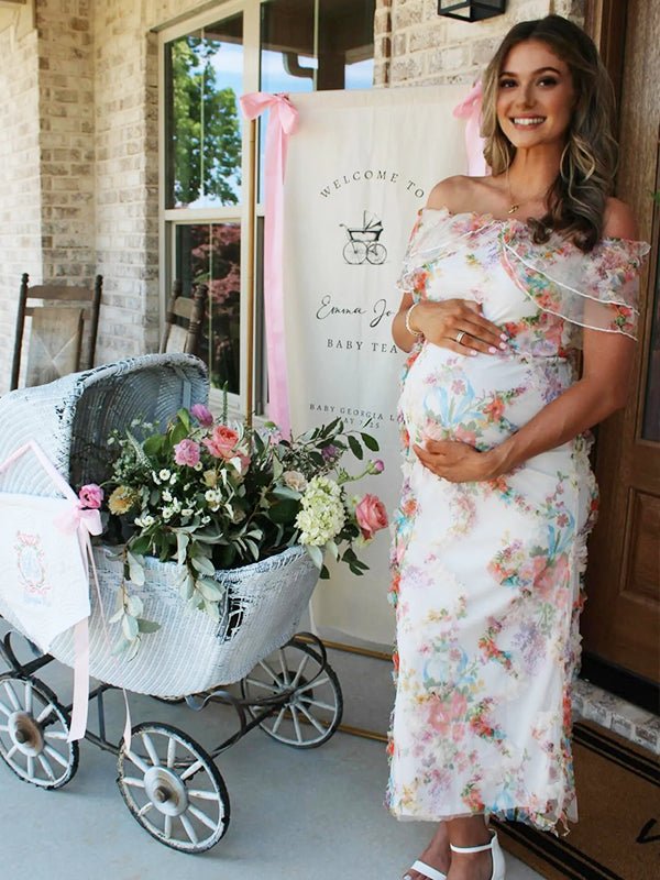 Momyknows Ruffle Flouncy Tulle Off Shoulder Ruched Flower Maternity Baby Shower Maxi Dress