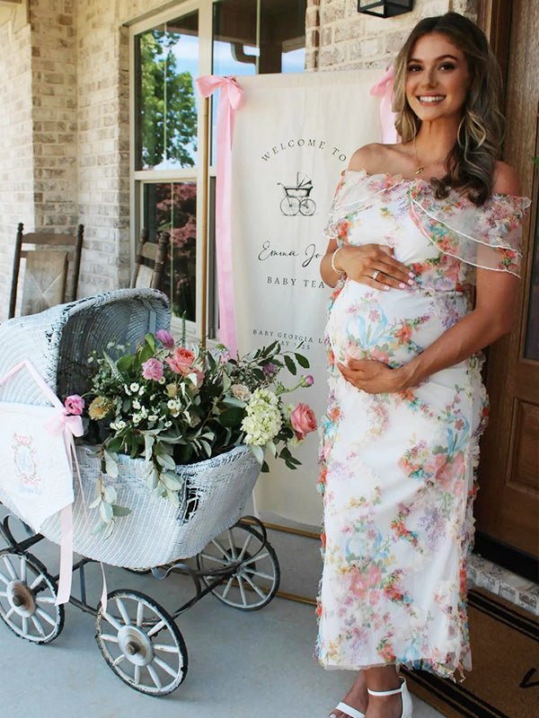 Momyknows Ruffle Flouncy Tulle Off Shoulder Ruched Flower Maternity Baby Shower Maxi Dress