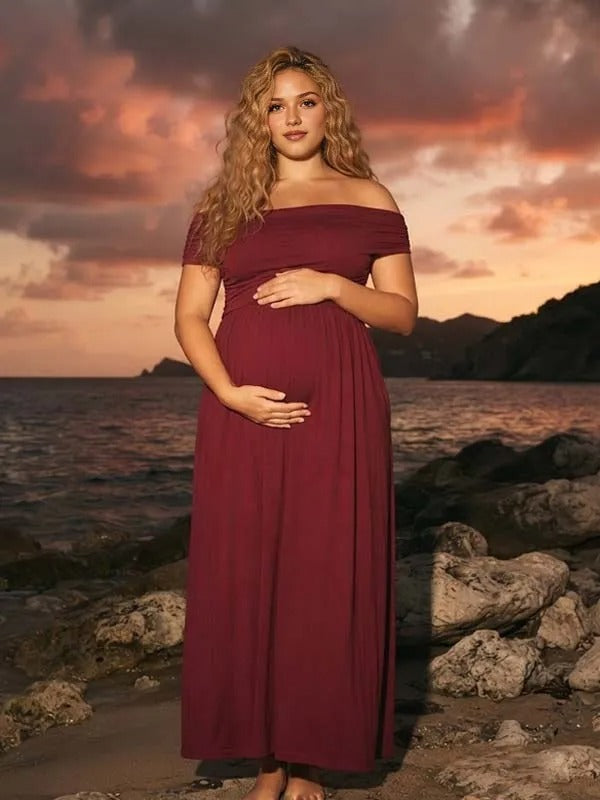 Momyknows Red Ruffle Off Shoulder Draped Maternity Photoshoot Maxi Dress