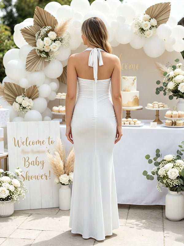 Momyknows White Backless Halter Neck Deep V Maternity Babyshower Maxi Dress - White - 5