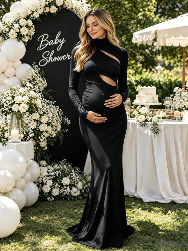 Black Ruched Maternity Maxi Dress with High Neck Detail and Graceful Trumpet Silhouette, Baby Shower