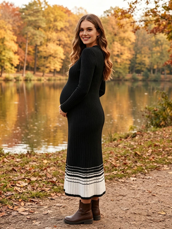 Black Striped Maternity Maxi Dress with Pleated Details and Crochet Design