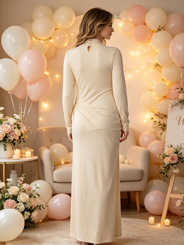 Apricot Ruched Button Maternity Maxi Dress with Figure-Flattering Bodycon Silhouette