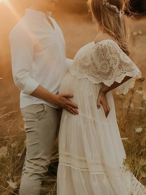 Momyknows White Off Shoulder Lace Tiered Boat Neck Flowy Elegant Maternity Photoshoot Dress White / M Momyknows White Off Shoulder Lace Tiered Boat Neck Flowy Elegant Maternity Photoshoot Dress White / M
