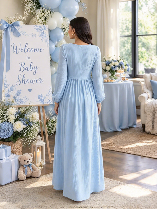Blue Maternity Maxi Dress with Gathered Bodice and Flared A-Line Silhouette