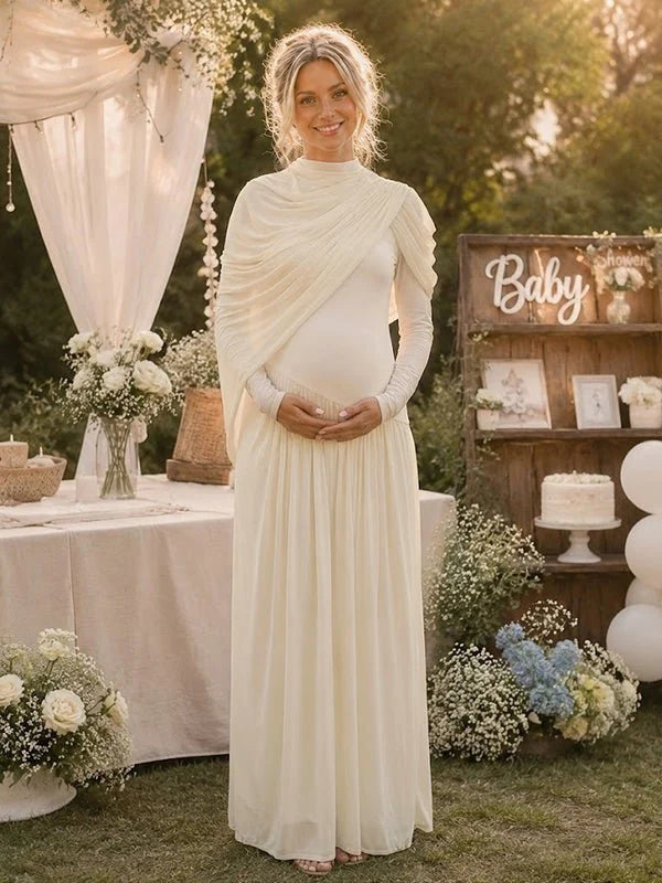 Momyknows Apricot Elegant Ruffle Baby Shower Maternity Maxi Dress