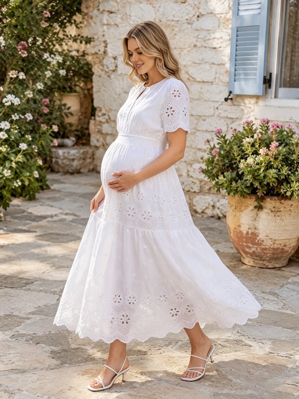 Momyknows White Spliced Cut Out Irregular A-Line Photoshoot Maternity Midi Dress - White - 2