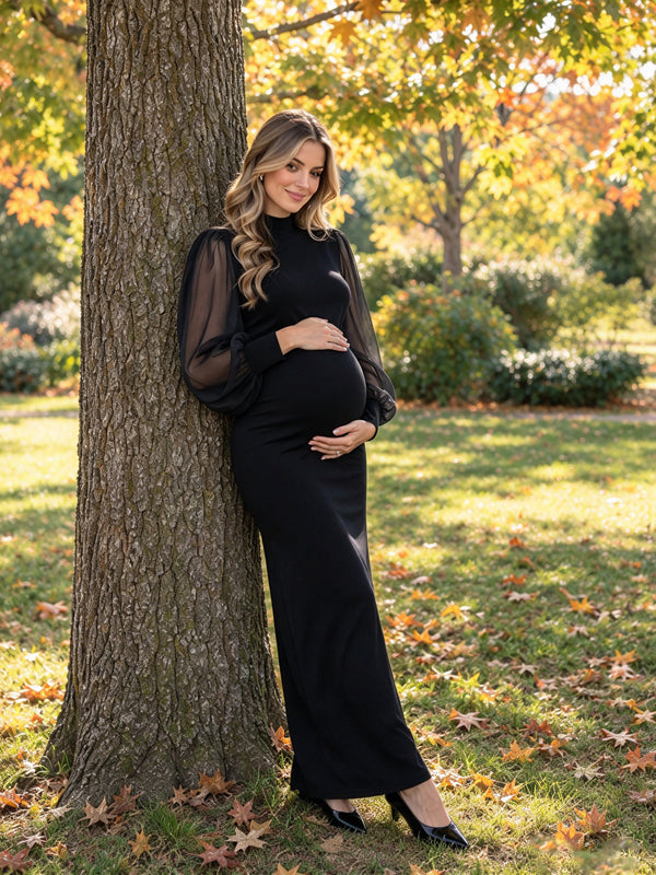 Black Maternity Maxi Dress with Sheer Fabric and Puff Sleeve Design and Elegant Ruched Details
