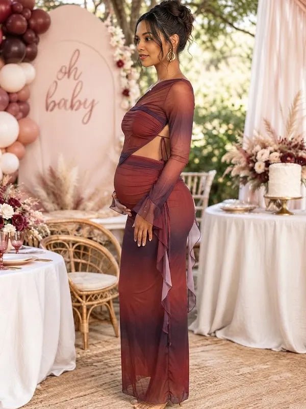 Momyknows Red Open Back Lace-Up Ruched Bodycon Mermaid Maternity Baby Shower Maxi Dress - Red - 2