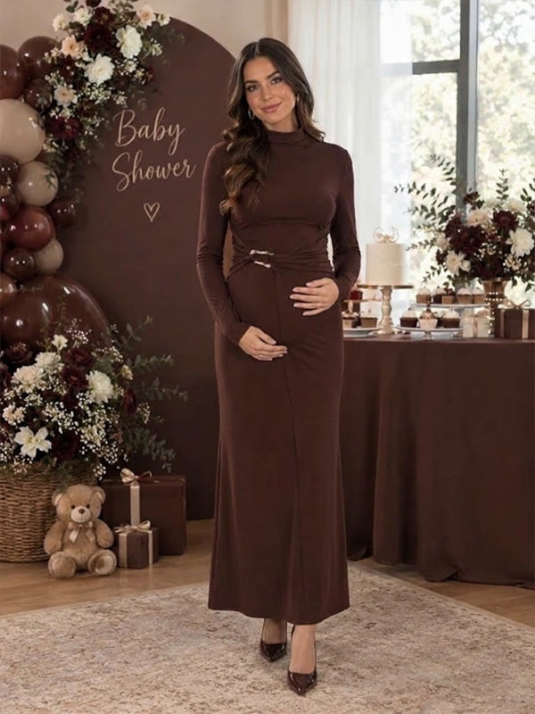 Elegant Ruched Metal Decorations Baby Shower Maternity Midi Dress