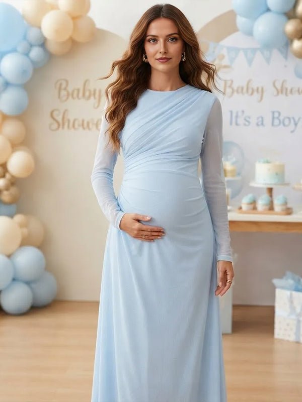 Momyknows Ruched Sheer Grenadine Bodycon Maternity Baby Shower Maxi Dress - Blue - 6