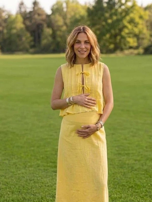 Momyknows Lace Up Ruched Two Piece Maternity Photoshoot Maxi Dress - Yellow - 3