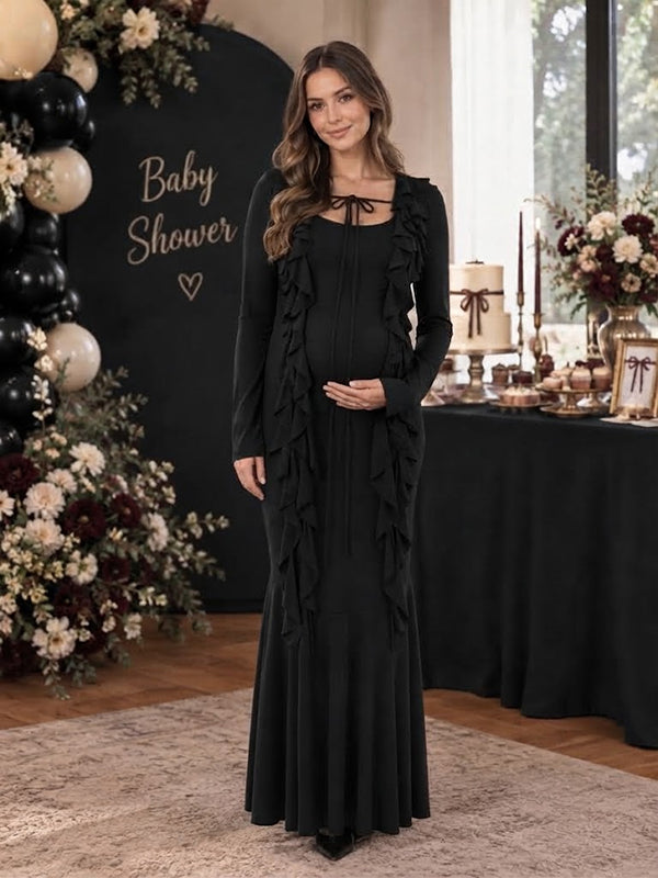 Black Ruched Maternity Maxi Dress with Ruffle Detail and Lace Up Design and Flattering Silhouette, Baby Shower Style