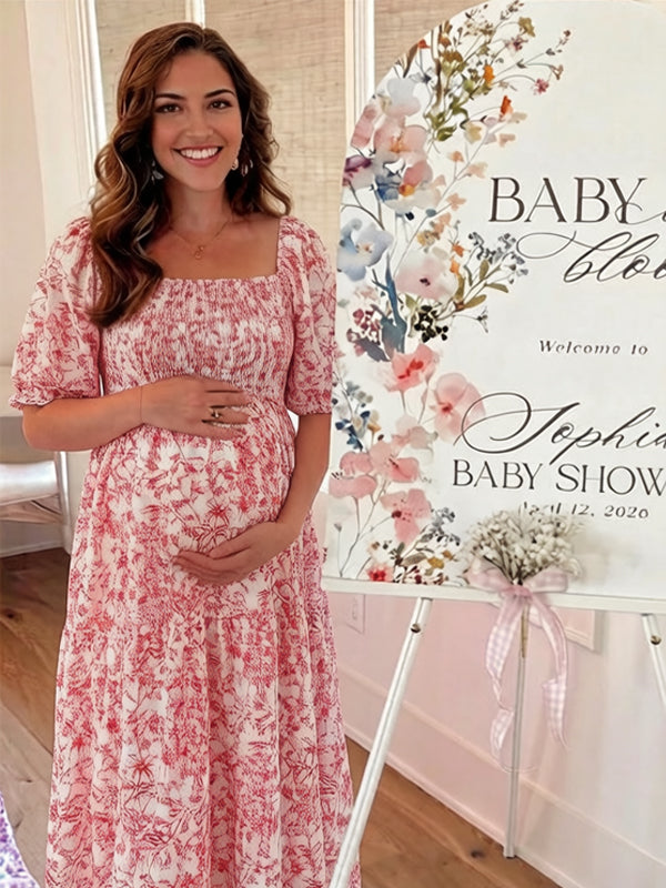 Momyknows Red Smocked Print Backless Ruched Maternity Baby Shower Maxi Dress