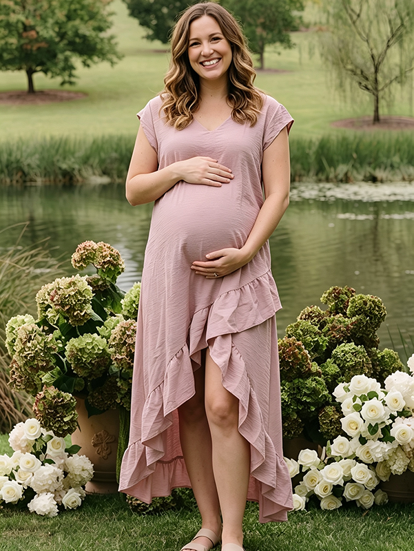 Momyknows Boho V-Neck Peplum Side Slit Maternity Photoshoot Maxi Dress