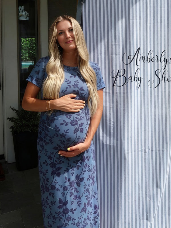 Momyknows Chic Dark Blue Bodycon Mermaid Floral Baby Shower Maternity Maxi Dress