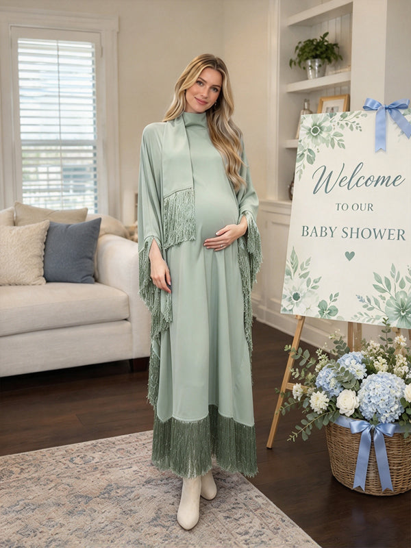 Green Baby Shower Maternity Maxi Dress with Batwing Sleeves and Decorative Tassel Ribbon Accents