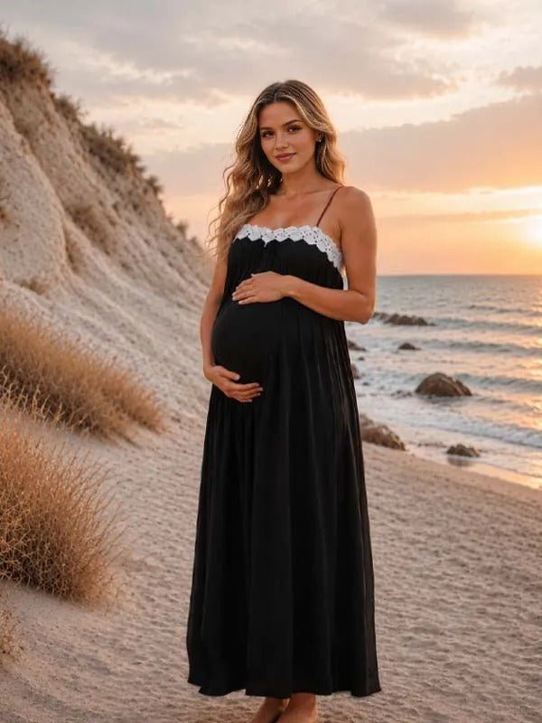 Momyknows Black Ruffle Lace Spaghetti Strap Spliced Maternity Photoshoot Maxi Dress - Black - 2