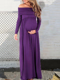 Momyknows Off Shoulder Solid Pleated High Waist Photoshot Maternity Maxi Dress