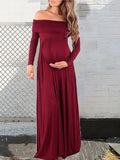 Momyknows Off Shoulder Solid Pleated High Waist Photoshot Maternity Maxi Dress