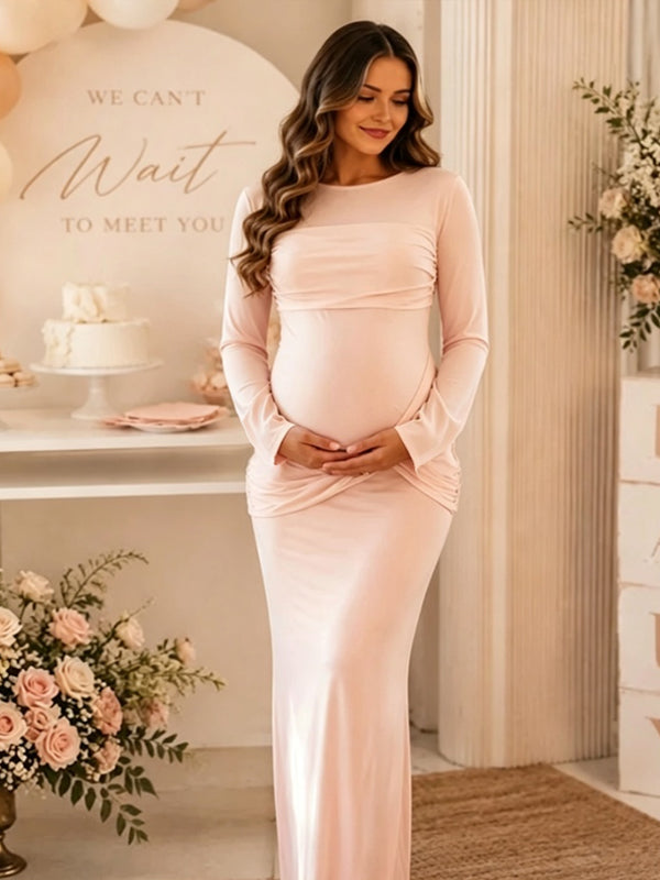 Momyknows Round Neck Ruched Bodycon Maternity Baby Shower Maxi Dress