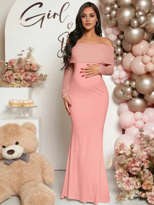 Momyknows Mesh Off Shoulder Ruched Mermaid Elegant Maternity Maxi Dress
