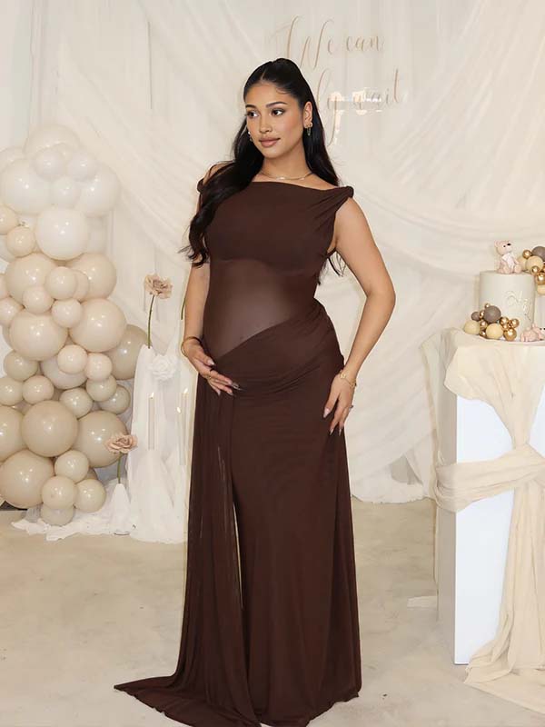 Momyknows Dark Brown Oblique Shoulder Sheer Draped Hem Ruched Maternity Baby Shower Maxi Dress