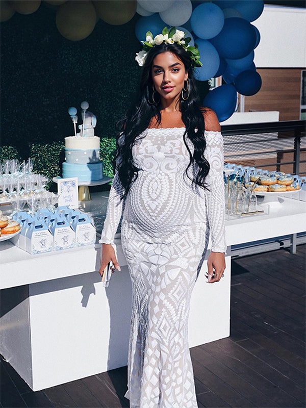 Momyknows White Lace Off Shoulder Mermaid Bodycon Wedding Gown Baby Shower Elegant Foamal Maternity Photoshoot Maxi Dress White / S Momyknows White Lace Off Shoulder Mermaid Bodycon Wedding Gown Baby Shower Elegant Foamal Maternity Photoshoot Maxi Dress White / S