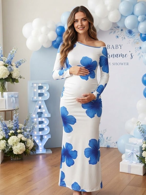 Momyknows Oblique Shoulder Print Bodycon Maternity Baby Shower Maxi Dress - Blue - 2