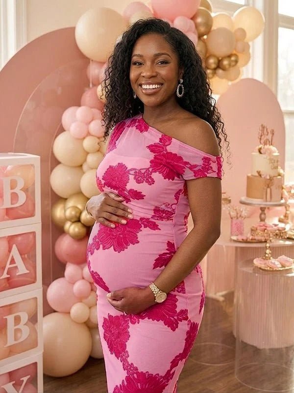 Momyknows Off-shoulder Mesh Floral Embroidery Splicing Bodycon Baby Shower Maternity Maxi Dress - Pink - 2