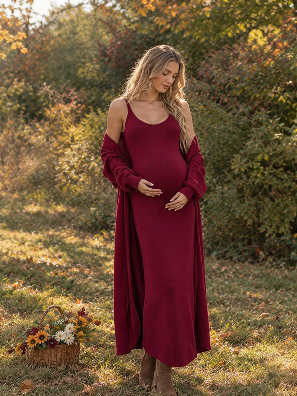 Red Crochet Maternity Maxi Dress with Matching Sweater Cardigan and Elegant Two Piece Design