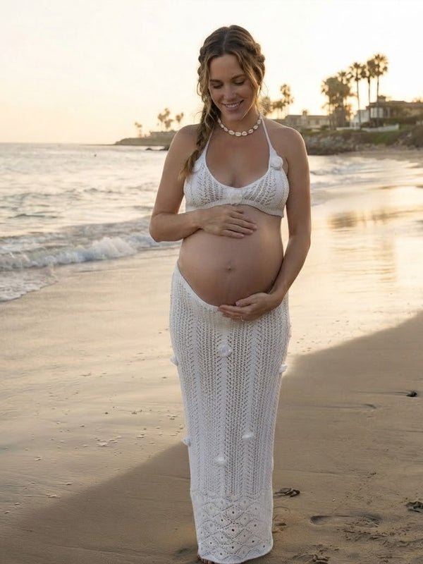 Momyknows Halter Neck 3D Flower Crochet Backless Lace Up Two Piece Maternity Photoshoot Swimwear - White - 1
