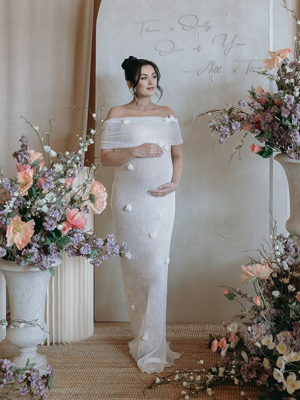 Momyknows White Off Shoulder 3D Flowers Grenadine Sheer Bodycon Elegant Beach Photoshoot Baby Shower Maternity Maxi Dress White / 3XL Momyknows White Off Shoulder 3D Flowers Grenadine Sheer Bodycon Elegant Beach Photoshoot Baby Shower Maternity Maxi Dress White / 3XL