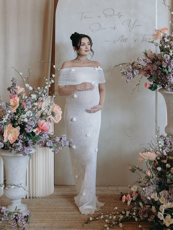 Momyknows White Off Shoulder 3D Flowers Grenadine Sheer Bodycon Elegant Beach Photoshoot Baby Shower Maternity Maxi Dress, White / 3XL