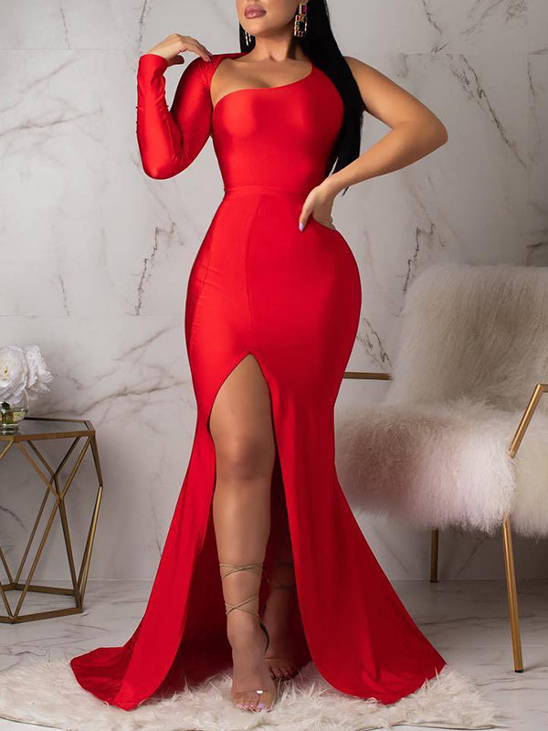 Momyknows Solid One-shoulder Backless Side Slit Party Photoshoot Gown Baby Shower Maternity Maxi Dress