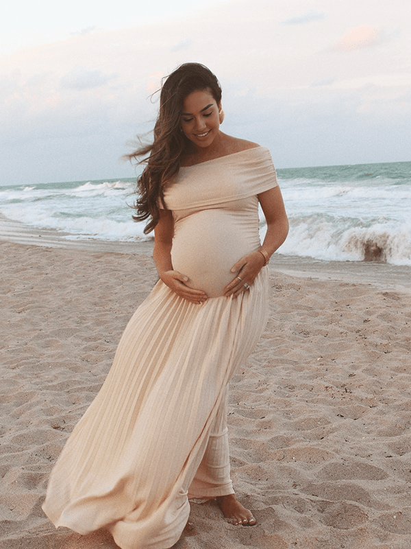 Momyknows Apricot Off Shoulder Ruched Pleated Big Swing Elegant Evening Gown Maternity Boho Photoshoot Baby Shower Maxi Dress, Apricot / 2XL