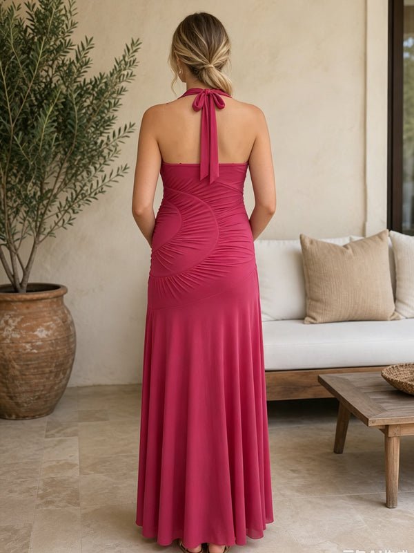 Momyknows V-neck Halter Neck Backless Sleeveless Ruffle Photoshoot Maternity Maxi Dress - Red - 2