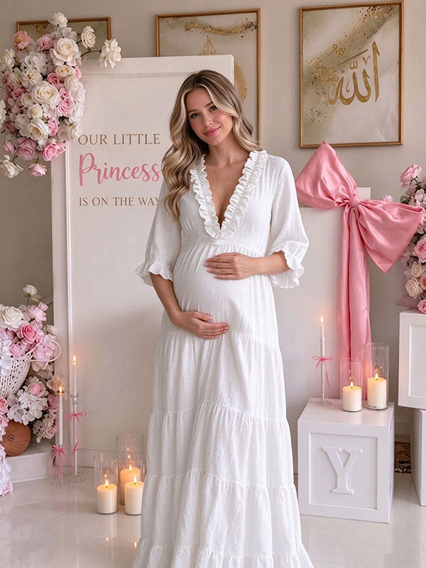 Elegant Falbala Flowy Baby Shower Maternity Maxi Dress