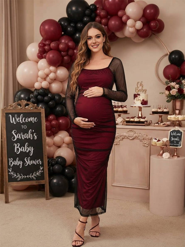 Burgundy Maternity Dress with Square Neck and Tiered Ruffles and Sheer Double-Layer Tulle, Baby Shower
